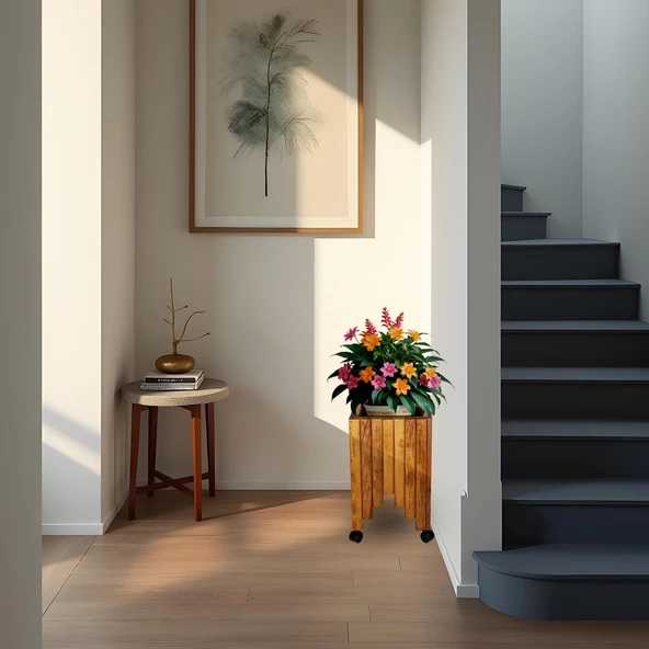 Dekoratif Ahşap Saksılık Çiçeklik Ahşap Saksı Altlığı 30x30x45 cm Tekerlekli Saksı Sehpası - 8