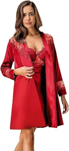 Nurteks Kadın Bordo 2 Li Kaplı Sabahlık Gecelik Saten Kimono Takım 5384 - 1
