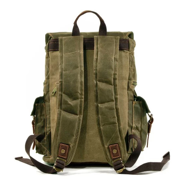 Sert Kanvas Retro Gündelik Okul İş Ofis Sırt Çantası Mumlu Su Geçirmez (Koyu Yeşil) - 2
