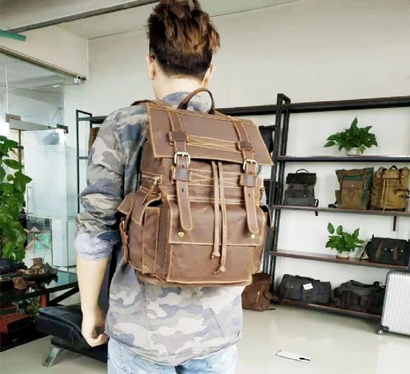 Sert Kanvas Retro Gündelik Okul İş Ofis Sırt Çantası Mumlu Su Geçirmez (Kahve) - 3