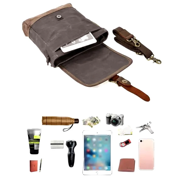 Retro Kanvas Gündelik Küçük Postacı Çanta Mumlu Su Geçirmez (Koyu Gri) - 6