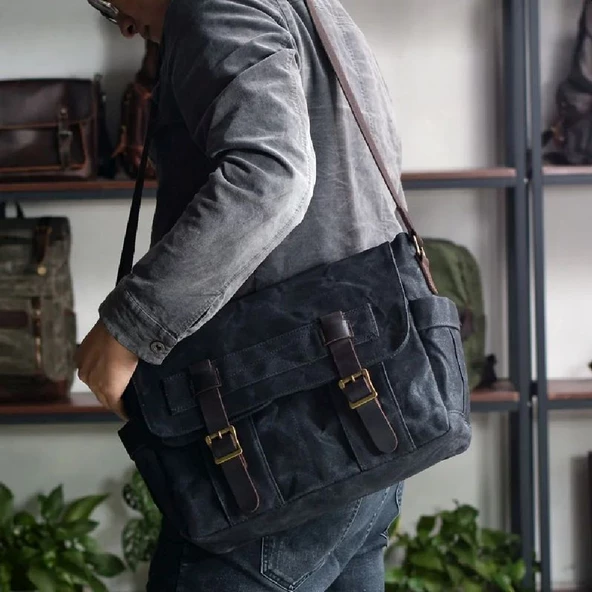 Retro Kanvas Postacı Çanta Mumlu Su Geçirmez (Siyah) - 3