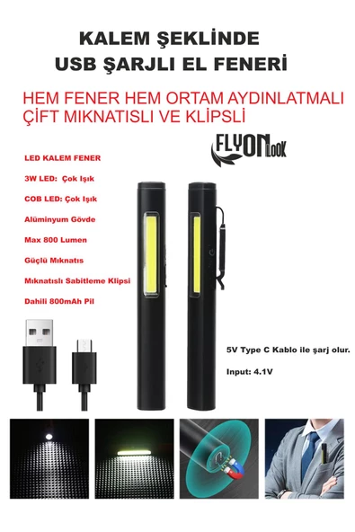 Kalem Şeklinde Şarj Edilebilir EL Feneri Güçlü Mıknatıslı Hem Ortam Aydınlatma Hem Fener Kamp Lamba