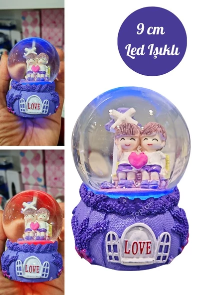 Love Sevgili Çift Temalı Mor 9 cm Orta Boy Led Işıklı Kar Küresi