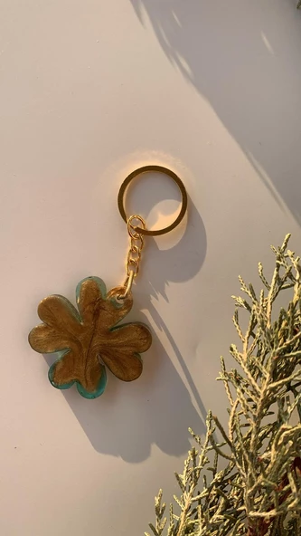 Transparan Yeşil Gold Renkli Yonca Anahtarlık Gold Aksesuarlı El Yapımı Epoksi Hediyelik - Resim 3
