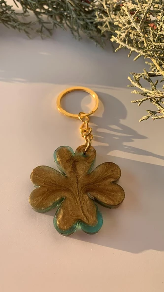 Transparan Yeşil Gold Renkli Yonca Anahtarlık Gold Aksesuarlı El Yapımı Epoksi Hediyelik - Resim 7