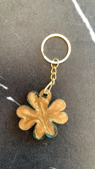 Transparan Yeşil Gold Renkli Yonca Anahtarlık Gold Aksesuarlı El Yapımı Epoksi Hediyelik - Resim 2