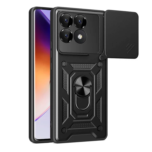 KNY Xiaomi Poco F6 Pro Kılıf Ultra Korumalı Yüzüklü Manyetik Kamera Korumalı Sürgülü Vega Siyah