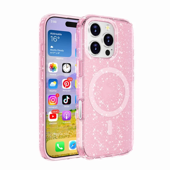 KNY Apple İphone 16 Pro Kılıf Şeffaf Renkli Simli Parlak AllStar Silikon Pembe