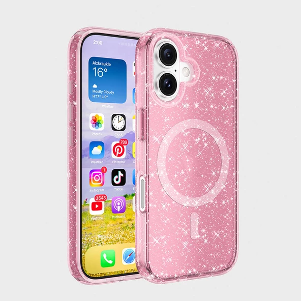 KNY Apple İphone 16 Kılıf Şeffaf Renkli Simli Parlak AllStar Silikon Pembe