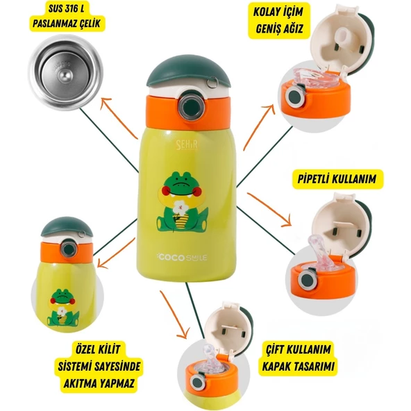 Vagonlife CS 8098 Sevimli Ses Çıkaran Kılıflı Pipetli Askılı Çelik Termos Çocuk Matarası - Resim 5