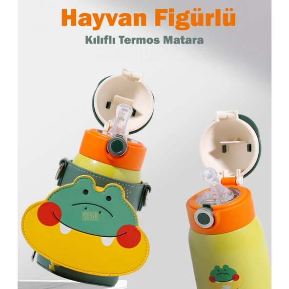 Vagonlife CS 8098 Sevimli Ses Çıkaran Kılıflı Pipetli Askılı Çelik Termos Çocuk Matarası - Resim 3