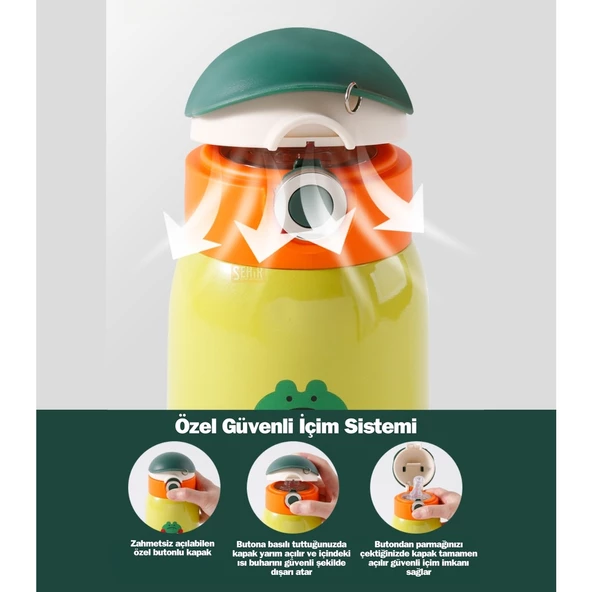 Vagonlife CS 8098 Sevimli Ses Çıkaran Kılıflı Pipetli Askılı Çelik Termos Çocuk Matarası - Resim 2