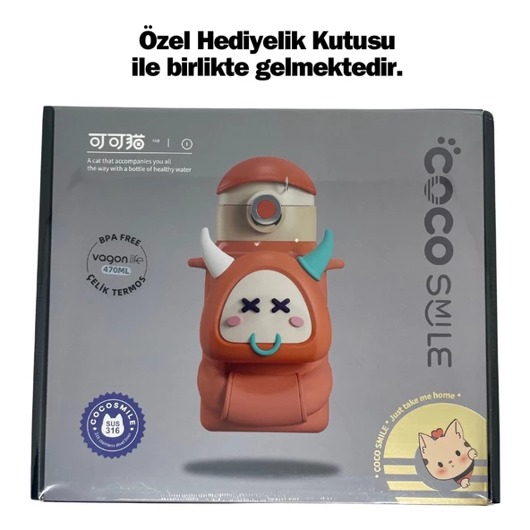 Vagonlife CS 8098 Sevimli Ses Çıkaran Kılıflı Pipetli Askılı Çelik Termos Çocuk Matarası - Resim 4