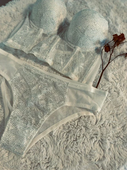 Simli Lez Büstiyer Sütyen Külot Takım - Beyaz - 3