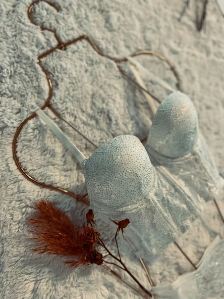 Simli Lez Büstiyer Sütyen Külot Takım - Beyaz - 9