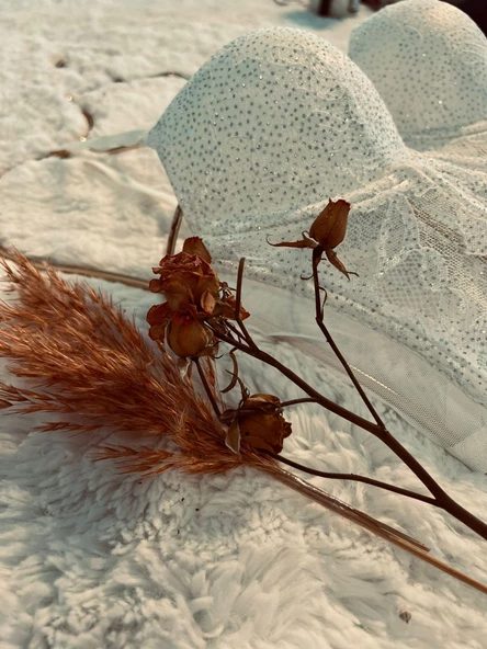 Simli Lez Büstiyer Sütyen Külot Takım - Beyaz - 12