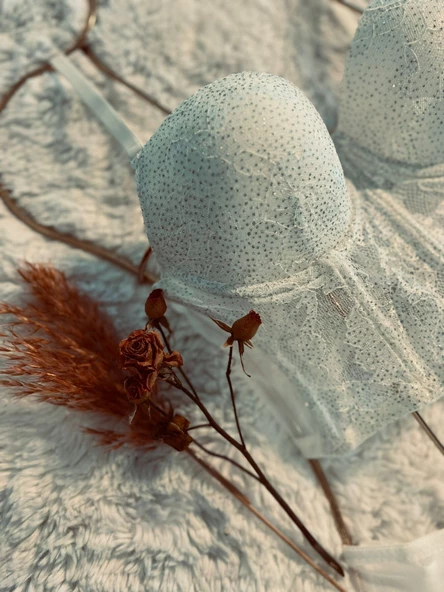 Simli Lez Büstiyer Sütyen Külot Takım - Beyaz - 6