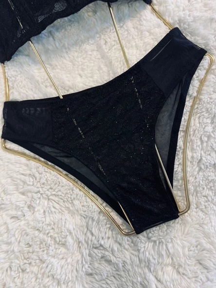 Simli Lez Büstiyer Sütyen Külot Takım - Siyah - 5