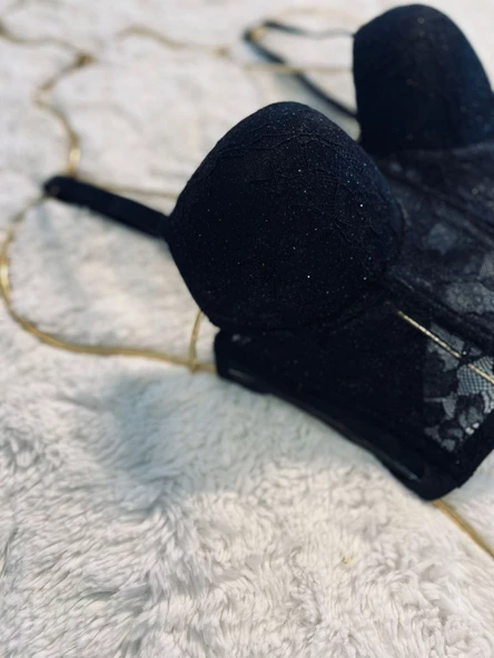 Simli Lez Büstiyer Sütyen Külot Takım - Siyah - 6