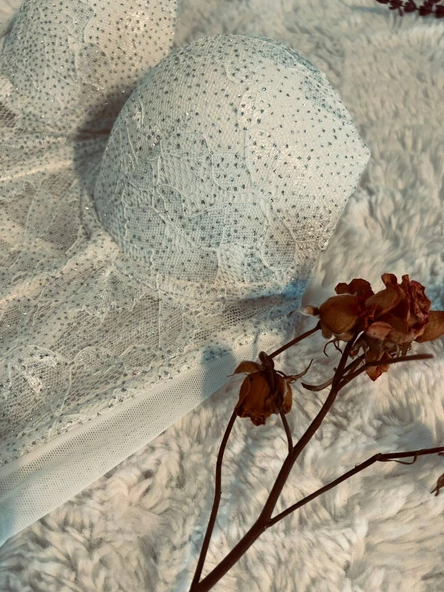 Simli Lez Büstiyer Sütyen Külot Takım - Beyaz - 8