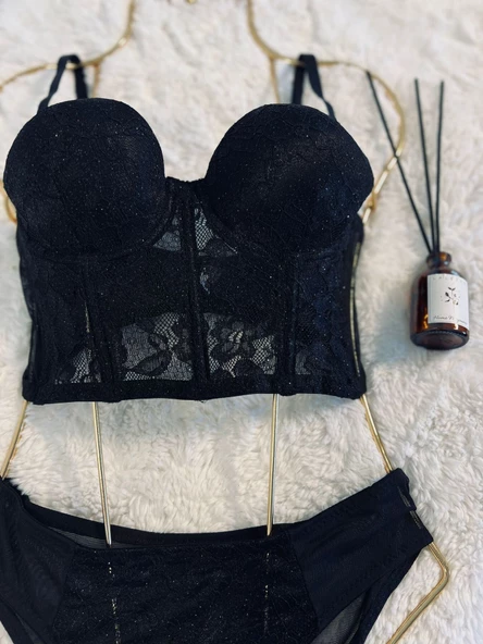 Simli Lez Büstiyer Sütyen Külot Takım - Siyah - 2