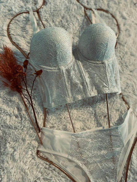 Simli Lez Büstiyer Sütyen Külot Takım - Beyaz - 11