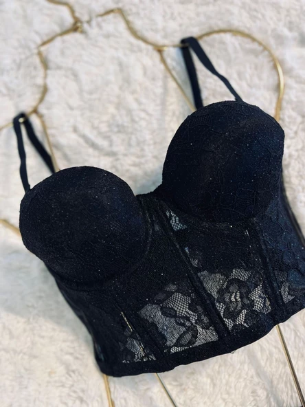 Simli Lez Büstiyer Sütyen Külot Takım - Siyah - 7