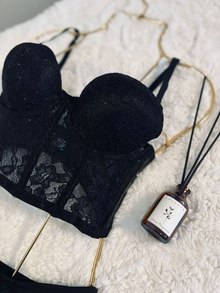 Simli Lez Büstiyer Sütyen Külot Takım - Siyah - 3