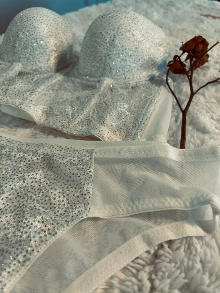 Simli Lez Büstiyer Sütyen Külot Takım - Beyaz - 5