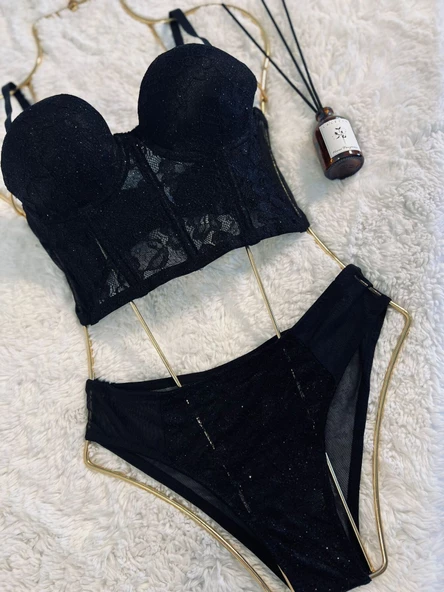 Simli Lez Büstiyer Sütyen Külot Takım - Siyah - 4