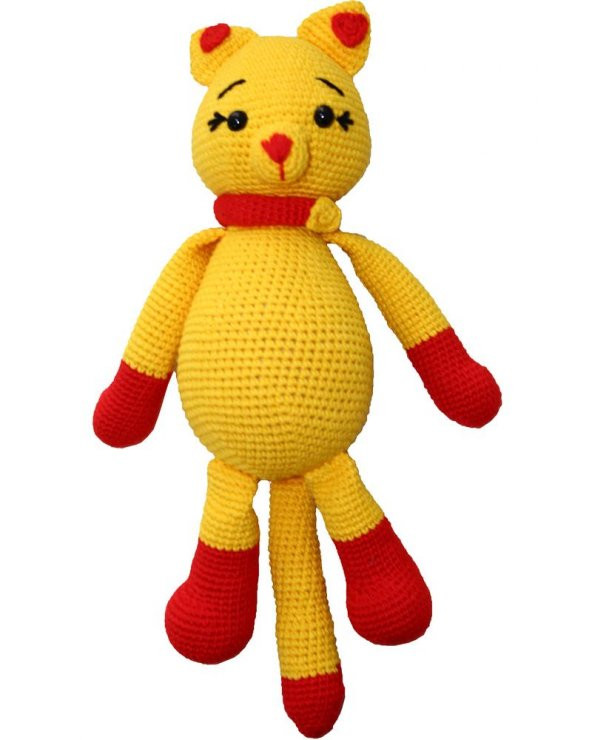 Amigurumi Organik Yıkanabilir El Örgüsü Sarı-Kırmızı Kedi