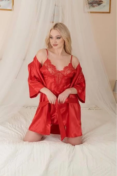 Visatin Kadın Kırmızı Güpürlü İkili Saten Gecelik Sabahlık Takım 3004 - 5