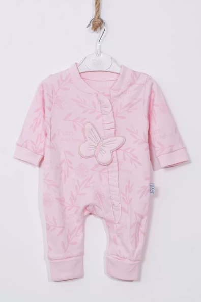 Kelebek Nakışlı % 100 Pamuk Ayaklı Kız Bebek Tulumu - Resim 2