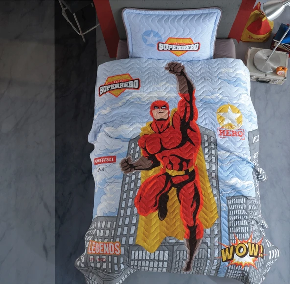 Clasy Tek Kişilik Genç Yatak Örtüsü Superhero Gri ürün görseli
