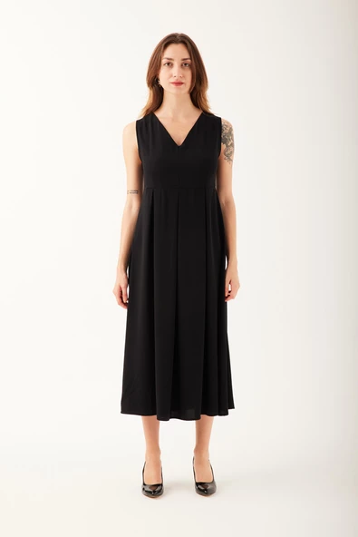 V Yaka Pileli Kadın Elbise - 6