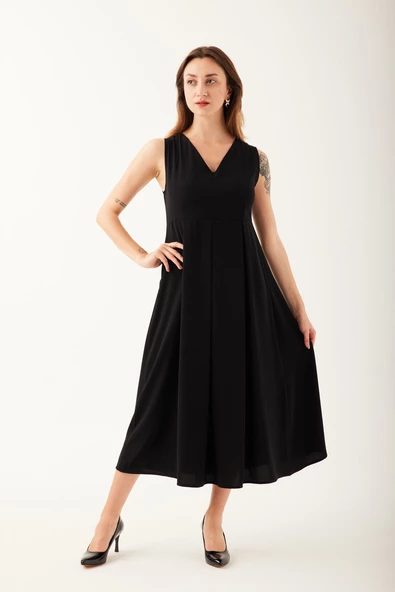 V Yaka Pileli Kadın Elbise - 7