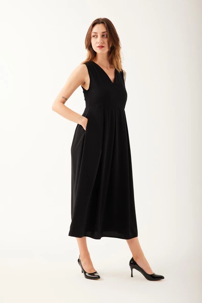 V Yaka Pileli Kadın Elbise - 9