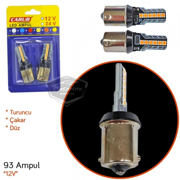 Carub Düz-Çakarlı Park Stop Sinyal Ampulü Tek Duy 12 Led Fren Lambası 12V 93 Turuncu - Resim 3