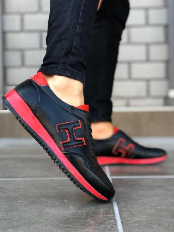 BA0091 Bağcıklı Sneakers Siyah Kırmızı Erkek Casual Spor Ayakkabı
