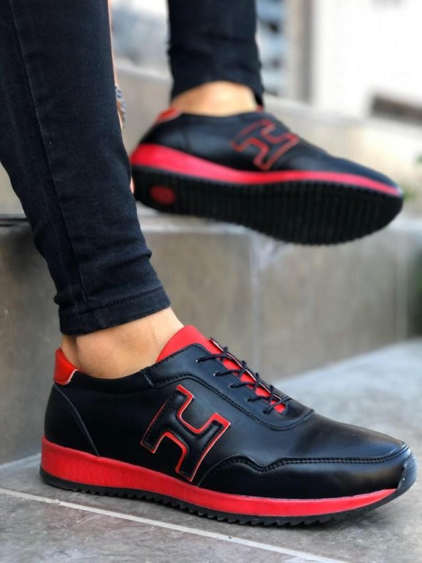 BA0091 Bağcıklı Sneakers Siyah Kırmızı Erkek Casual Spor Ayakkabı - 3