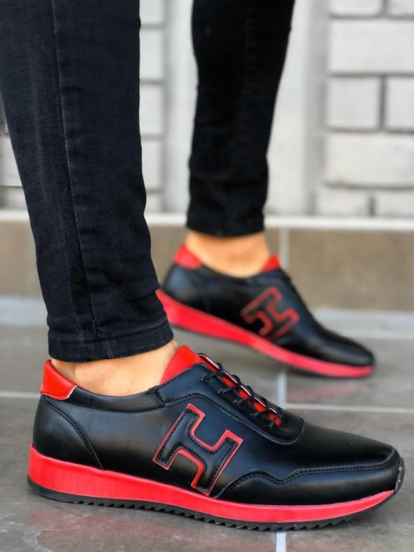 BA0091 Bağcıklı Sneakers Siyah Kırmızı Erkek Casual Spor Ayakkabı - 5