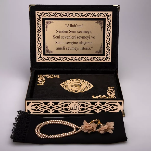 Şal + Tesbih + Kuran Hediye Seti (Orta Boy, ŞemsLafzatullah, Gold Pleksi, Raşel Kutu, Siyah) - 4