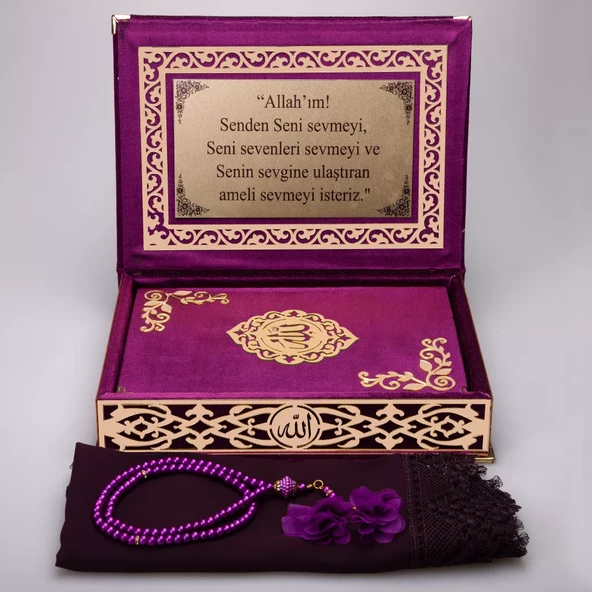 Şal + Tesbih + Kuran Hediye Seti (Orta Boy, ŞemsLafzatullah, Gold Pleksi, Raşel Kutu, Mor) - Resim 4