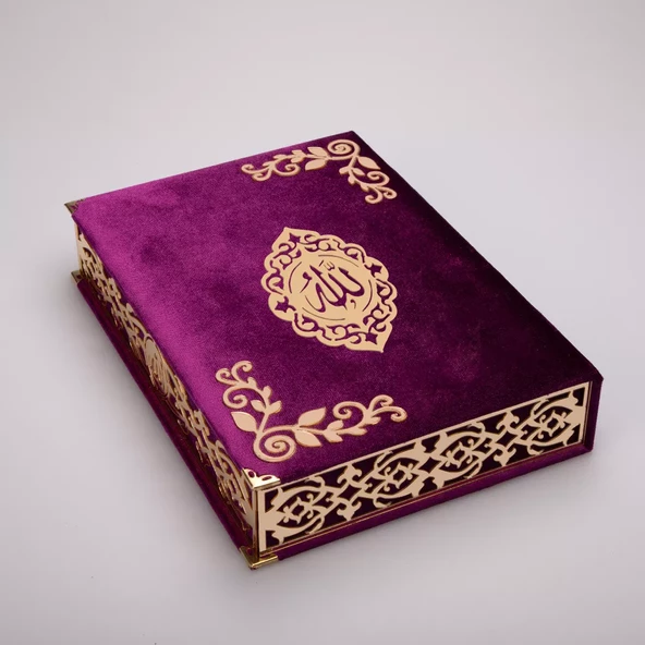Şal + Tesbih + Kuran Hediye Seti (Orta Boy, ŞemsLafzatullah, Gold Pleksi, Raşel Kutu, Mor) - Resim 5