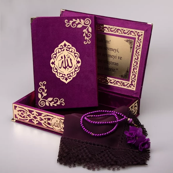 Şal + Tesbih + Kuran Hediye Seti (Orta Boy, ŞemsLafzatullah, Gold Pleksi, Raşel Kutu, Mor) - Resim 2