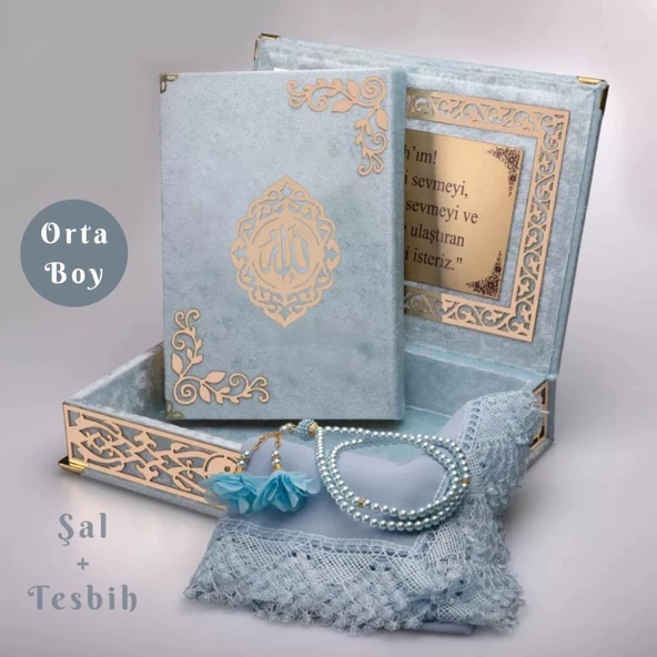 Şal + Tesbih + Kuran Hediye Seti (Orta Boy, ŞemsLafzatullah, Gold Pleksi, Raşel Kutu, Bebe Mavi)