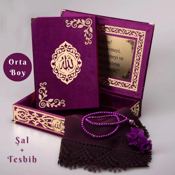 Şal + Tesbih + Kuran Hediye Seti (Orta Boy, ŞemsLafzatullah, Gold Pleksi, Raşel Kutu, Mor) ürün görseli 1