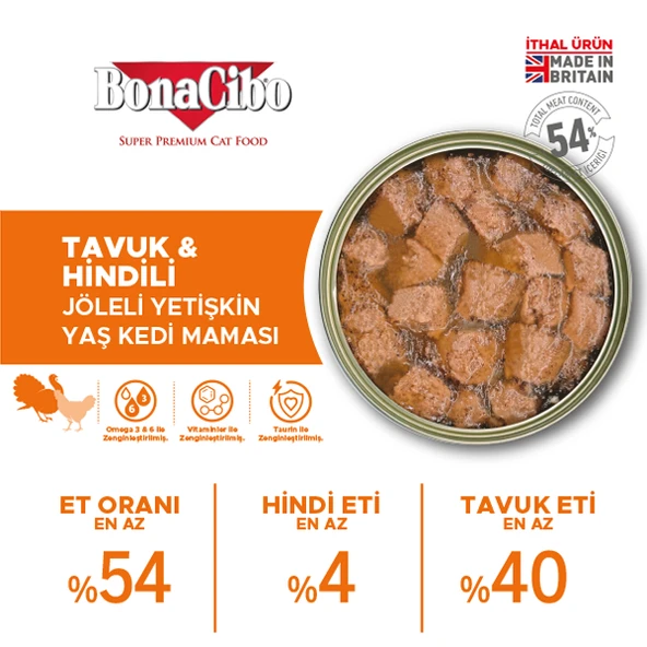 BonaCibo Jöleli Tavuk ve Hindili Yaş Kedi Maması Yetişkin Kediler için Tam Yaş Mama 6 x 400 Gr - 3