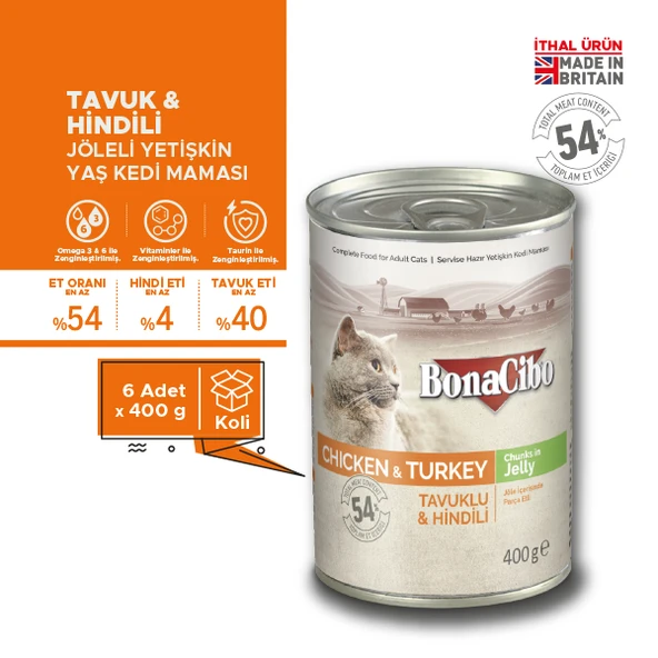 BonaCibo Jöleli Tavuk ve Hindili Yaş Kedi Maması Yetişkin Kediler için Tam Yaş Mama 6 x 400 Gr - 4